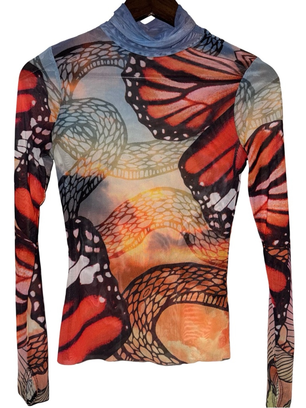 AFRM Sheer Mesh Butterfly Print Mock Neck Long Sleeve Y2K Top whimsigoth fairy - Picture 2 of 6